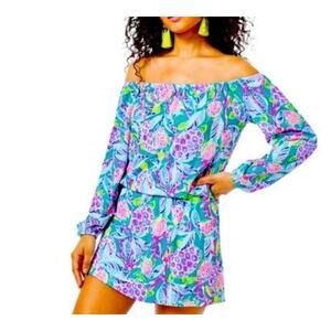 Lilly Pulitzer Off the Shoulder Lana Skort Romper Maldives Green Turtle Wave M